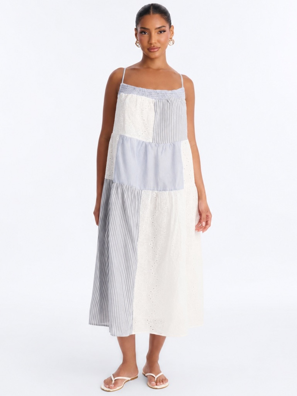 Fashion Nova Patchwork Lace Eyelet Dress Size 1X Blue White Boho Cottagecore